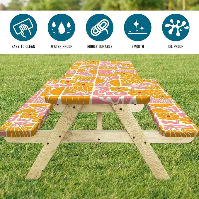 Picnic Table Covers with Bench Covers Boho Patchwork Orange Pink Flower Pattern Camping Tablecloth Fitted Picnic Table Cover with Elastic Windproof Waterproof, Camping Accessories Outdoor, 96In 3PCS