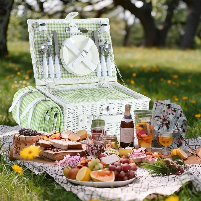 Picnic Basket Set for 4 with Waterproof Blanket Mat Insulation Bag Wicker White Green Plaid Classic Fresh Gift for Christmas Thanksgiving Wedding Birthday Camp Outdoor Beach Travel