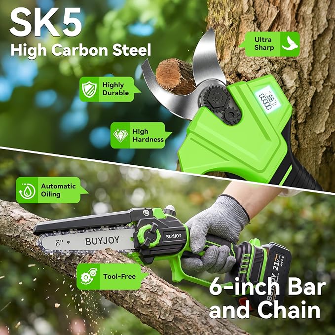 BUYJOY 4-in-1 Electric Pruning Shears & 6 Inch Pole Saw Combo, 1.8" Cutting Diameter Cordless Pruner, 2×4.0Ah Batteries, Adjustable Branch Cutter for Tree Trimming and Garden Pruning