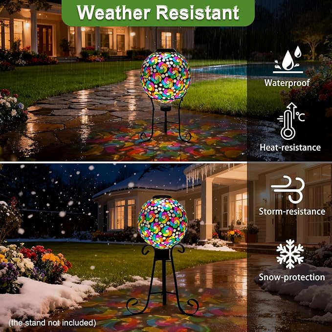 SAVENNA Mosaic Solar Gazing Ball 10 Inch, Glass Garden Globe with Auto On/Off for Yard, Lawn & Outdoor Decor, Multicolor Mosaic
