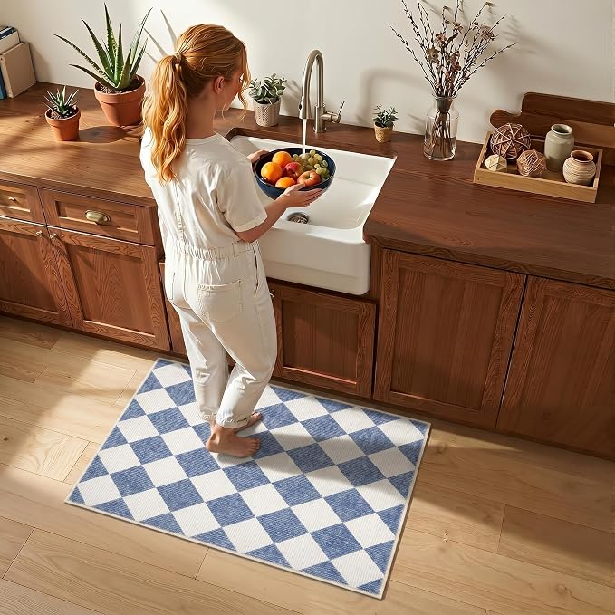 GarveeHome Checkered Entryway Rug 2x3 Navy Blue Washable Front Door Rug | Diamond Indoor Entrance Plaid Carpet Non-Slip Low Pile Throw Rugs for Kitchen Floor, Powder Room, Entry, Bathroom, Kids Room