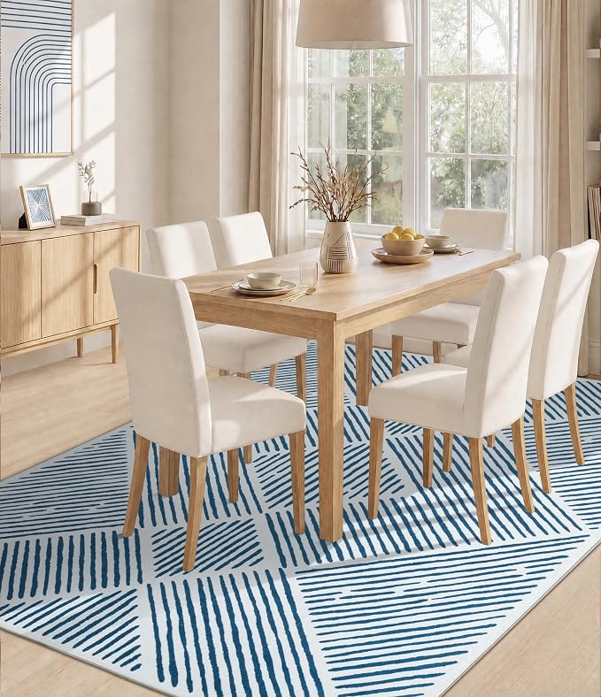 5‘x7' Washable Blue and White Rug, Modern Area Rug for Living Room | Non-Slip, Low Pile, Stain Resistant, Navy Blue Geometric Stripe Rug for Bedroom Dining Room