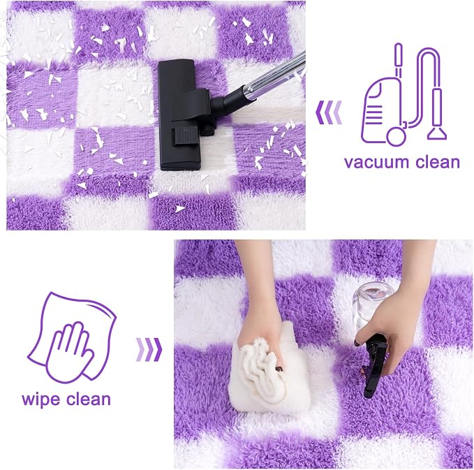 Checkered Rugs for Bedroom, 4x6 Ultra Fluffy Fuzzy Shag Area Rug for Living Room, Modern Plush Soft Upgrade Non-Slip Carpet for Kid Girls and Boys Room Dorm Nursery Home Decor, White and Purple