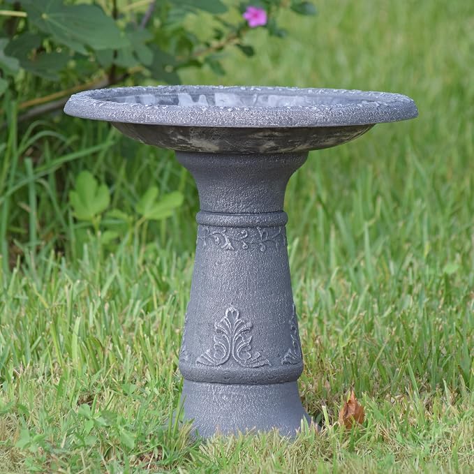Arcadia Garden Products BB05 Fiberclay Bird Bath Outdoor Garden Decor, Antique Vintage Weather Resistant Water Bowl for Backyard and Patio and, 20-inch Tall, Black