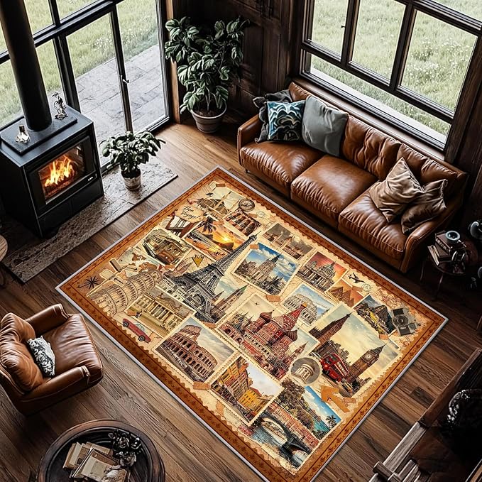 Vintage World Landmark Stamp Collage Area Rug, 5x7ft Retro European Travel City Print Washable TPE Backing Non-Slip Rug, Travel Themed Decor Floor Mat for Living Room Bedroom Office Home Decor