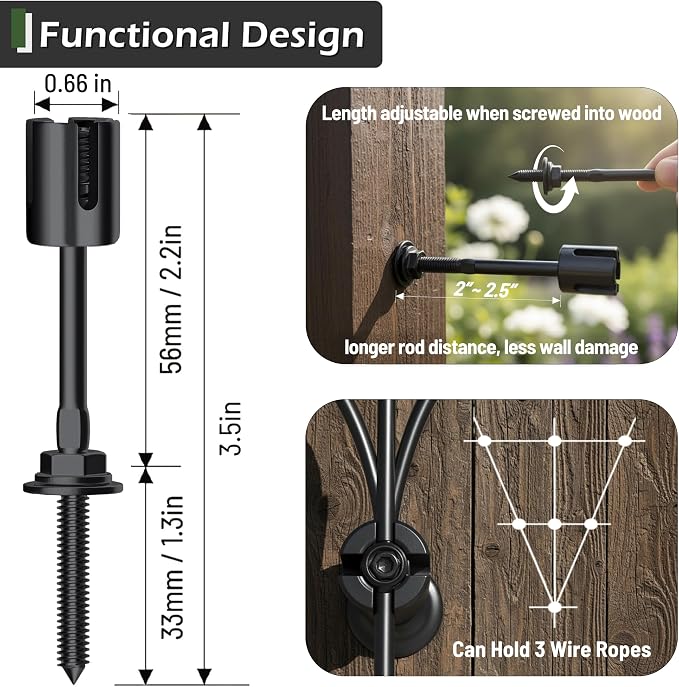 Wire Trellis Kit, 12-Set 1/8” Black Crosshead with 53ft Cable | T316 PVD black stainless steel hubs, vinyl coated cable, wall wire trellis system for outdoor climbing plants