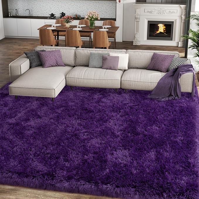 8x10 Large Area Rugs for Living Room, Fluffy Washable Purple | Upgrade Non-slip, 8 x 10 Big Shag Rug for Bedroom Girls Kids Nursery, Modern Shaggy Furry Carpet for Dorm, Flame Resistant