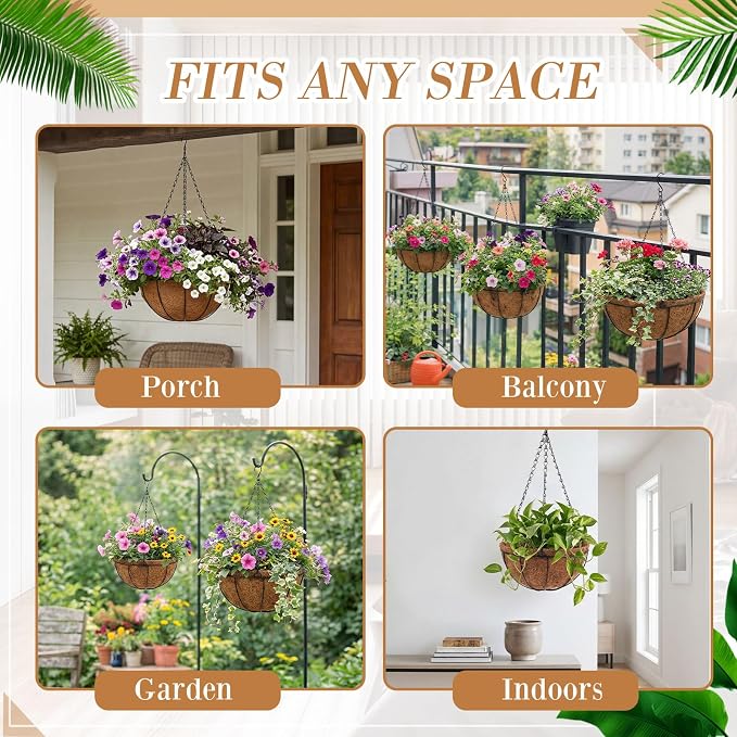 Dandat 12 Pack Hanging Planter Basket Outdoor Large Hanging Flower Pots Indoor 14 inch with Coco Coir Liner Round Wire Plant Holder Chain Basket Garden for Home Decor Balcony Office