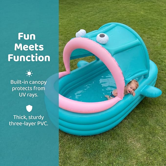 Inflatable Kiddie Pool with Canopy, Giant Fish Blow Up Pool for Kids Toddlers Adults, Thickened PVC Family Pool, 3 Air Chambers, 112"×65"×22" Backyard Summer Splash