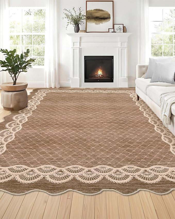 Garvee Scalloped Washable Area Rug 8x10 Rugs for Living Room Camel | Soft Non Slip Rugs for Bedroom, Low Pile Neutral Rug, Stain Resistant Foldable Carpet for Playroom Dorm, Farmhouse Rugs