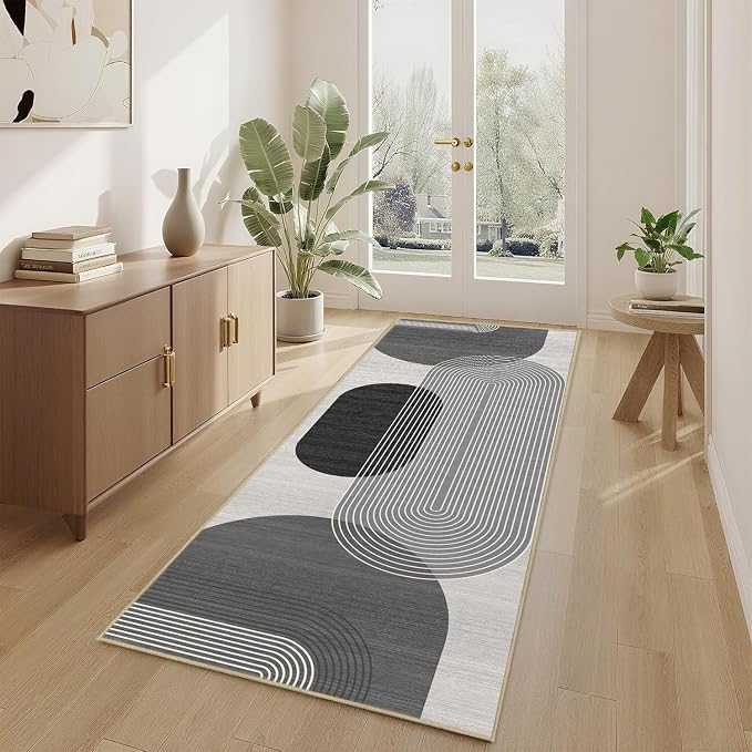 Boho Runner Rug 2x6 for Hallway Kitchen Bedroom,Bohemian Runner Rugs Washable Modern Geometric Rug Non-Slip Printed Low Pile Long Floor Carpet Mat for Bedroom Laundry,Grey and Black
