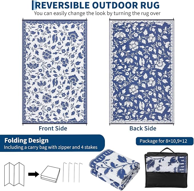 Garvee 5x8 Outdoor Rug Waterproof, Vintage Floral Plastic Straw Rugs, Camping Rugs for Outside Your RV, Foldable Lightweight Reversible Carpet with Portable Bag for Patio, Backyard, Beach, Navy＆White