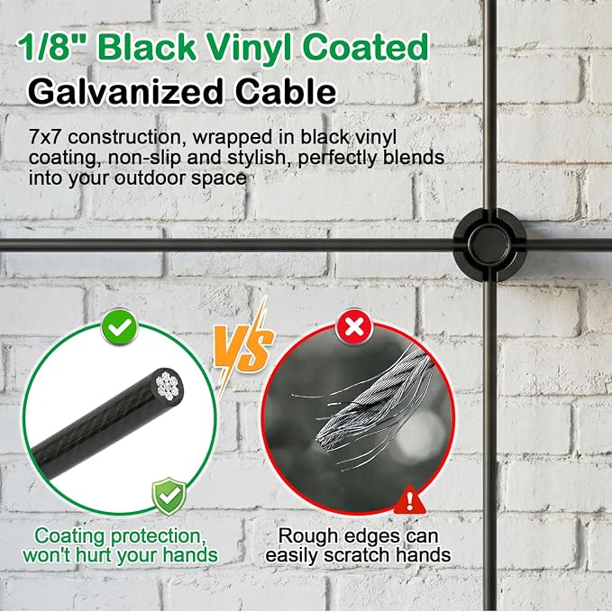 TooTaci Wire Trellis for Climbing Plants Outdoor, 36 Set Black Wall Wire Trellis Kit with 196ft 1/8 Vinyl Coated Cable, Modern Minimalist Support System for Wall, Fence, DIY Plant Training