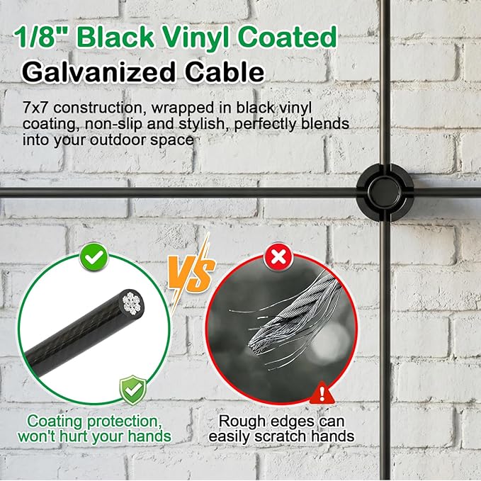 TooTaci Wire Trellis for Climbing Plants Outdoor, 12 Set Black Wall Wire Trellis Kit with 65ft 1/8 Vinyl Coated Cable, Modern Minimalist Support System for Wall, Fence, DIY Plant Training