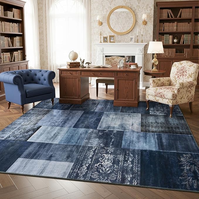 Washable Area Rugs 6x9 for Living Room, Large Modern Geometric Navy Blue Soft Patchwork Carpet, Non-Slip Stain Resistant Throw Rug for Bedroom Dining Room Office Home Decor
