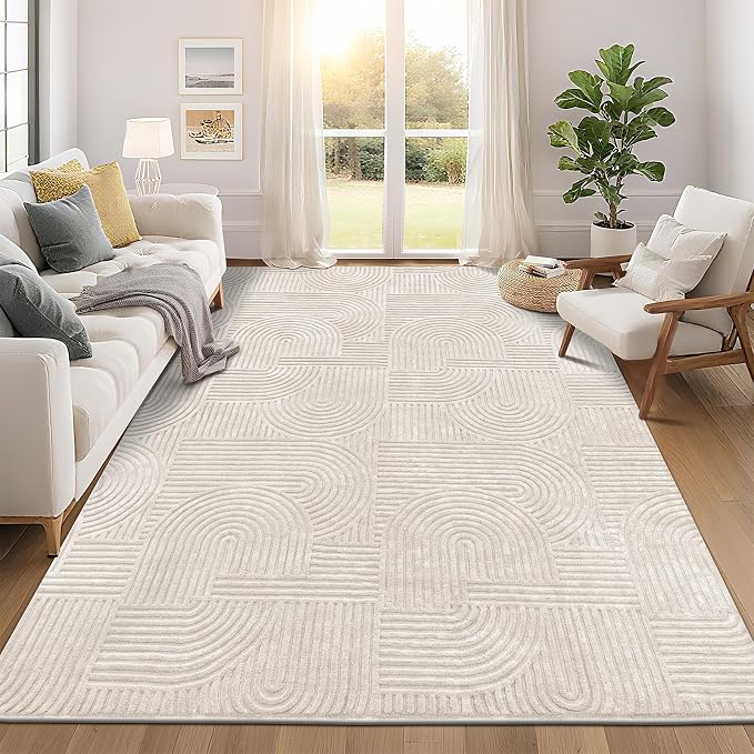 Pauwer 8x10 Area Rugs for Living Room, Modern Non Slip Washable Rug, Beige | Arch Pattern, Soft Fluffy, Neutral, Boho Accent, Solid Color Floor Carpet, For Kids Room Dining Room Nursery Entryway