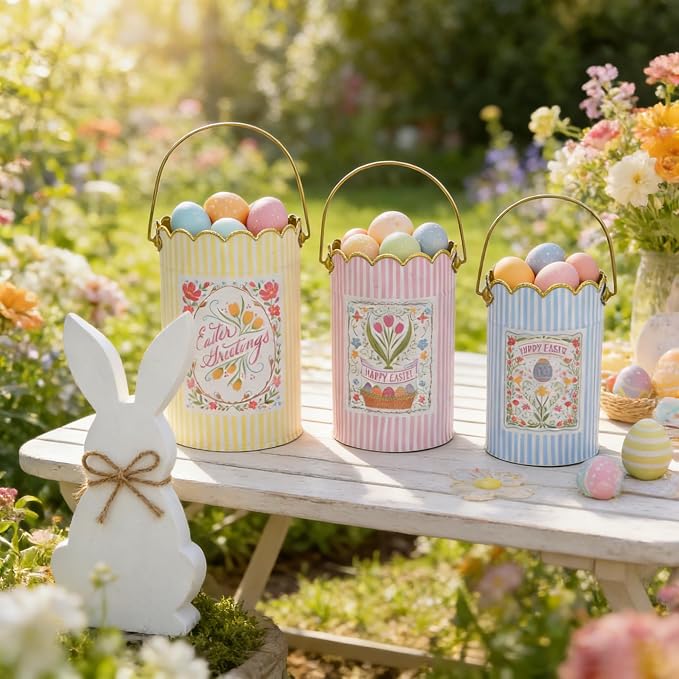 Set of 3 Vintage Spring Metal Planter with Handle, Decorative Floral Bucket Cute Striped Design Flower Pots for Garden & Home Decor