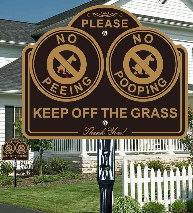 Amexiu No Dog Pooping Peeing Sign, Keep off Grass Yard Lawn Sign with 36-Inch Metal Stakes, 9.5 x 7.5 Inches Aluminum, 2Pack