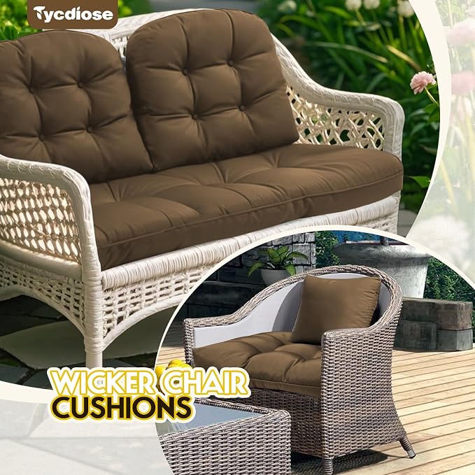 All Weather 3 Pieces Wicker Furniture Chair Cushions, Waterproof Outdoor Wicker Chair Cushion for Patio Furniture Loveseat Settee Bench, 1 Loveseat and 2 U-Shaped Thickened Cushions, Brown