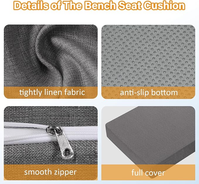 40x16x2 Linen Bench Cushion, Strengthen Breathable Indoor Seat Cushions, High-Density Bench Pad with Anti-Slip Bottom, Indoor Cushion for Bay Window Porch Furniture - Grey