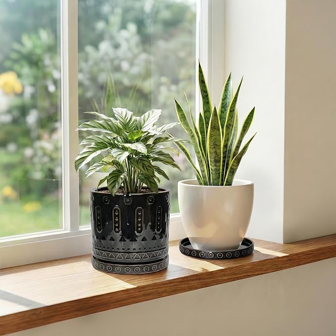 Eightpot Plant Water Catcher Tray, 2 Pack Ceramic Plant Saucer, 5.6 Inch Plant Pot Saucers for Indoor Outdoor, Round Plants Plates to Catch Water, Modern Decorative Plants Dish, Garden Gifts, Black