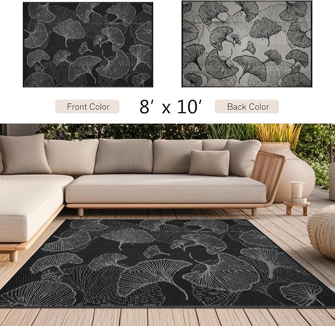 Outdoor Patio Rugs 8'x10' Waterproof, Reversible Plastic Straw Camping Rug Carpet, Large Area Rugs Mats for Rv, Deck, Porch, Picnic, Beach, Balcony, Black & Grey