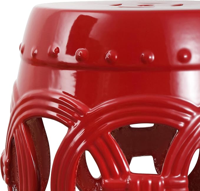 JONATHAN Y Lucky Coins 16" Ceramic Garden Stool, Contemporary Matte Red Cutout Interlocking Rings Drum Indoor/Outdoor Side Table and Plant Stand for Patio, Garden, Living Room TBL1022C