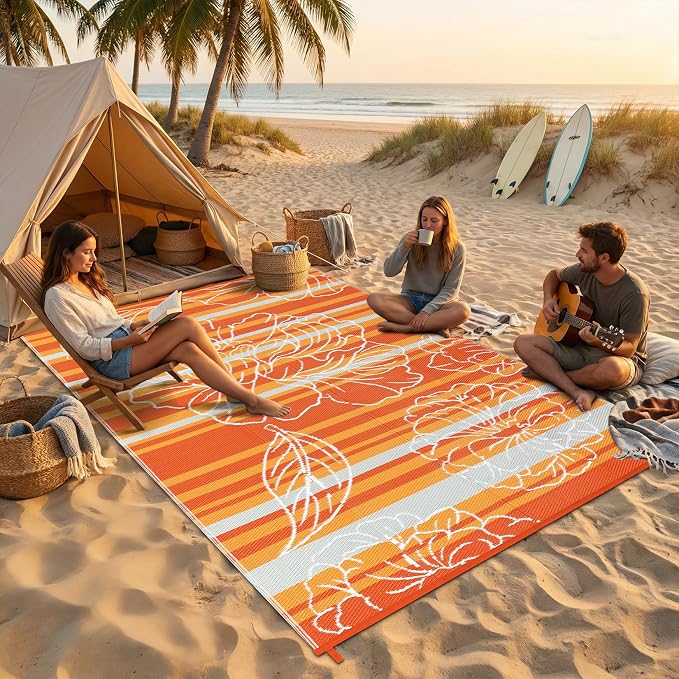 Garvee 5x8 Outdoor Waterproof Rug, Floral Outdoor Area Rug，Reversible Plastic Straw Patio Rug, Portable Camping Mat for RV, Picnic, Beach, Balcony, Garden & Camping Orange