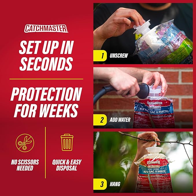 Catchmaster Disposable Outdoor Fly Trap, 8 Hanging Bags with Bait | Catches house, bottle & blowflies, Holds up to 30,000 flies, Food-based lure, no spray needed, For barns, coops & ranches