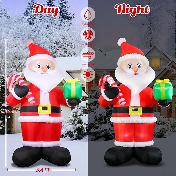 MUMTOP Santa Inflatable Outdoor-Christmas Inflatable Outdoor Decoration - 9.84 FT Giant Inflatables Santa Holding Candy Cane and Gift Box Blow Up for Garden Yard Outside Decor