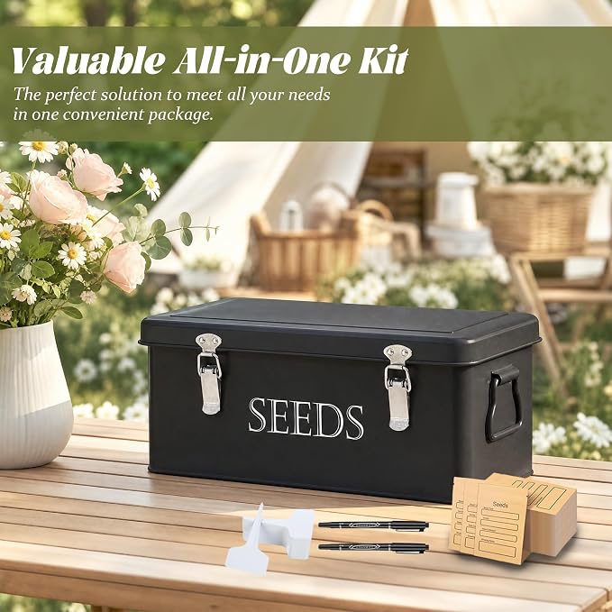 Ecopark Seed Storage Box, Professional All-in-one Kit with 2 Pens, 20 Plant Labels and 50 Seed Envelopes, Metal Storage Organizer, Saving Box, Seed Packet Container, Large, Black