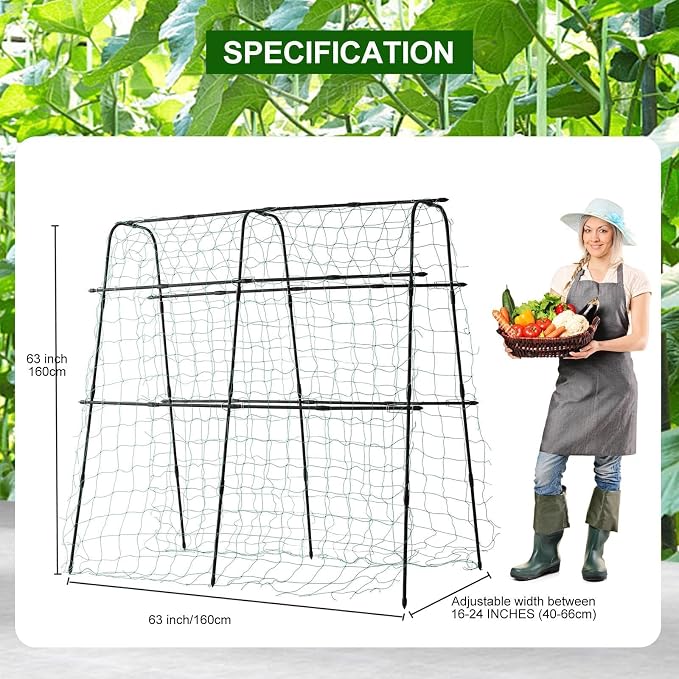 Cucumber Trellis for Raised Bed, 63" Hx 63" L Garden Arch Trellis for Climbing Plants Outdoor, Rustproof Metal Climbing Plant Support Vegetables Snap Pea Pole Bean Fruits Vine Trellis, Black