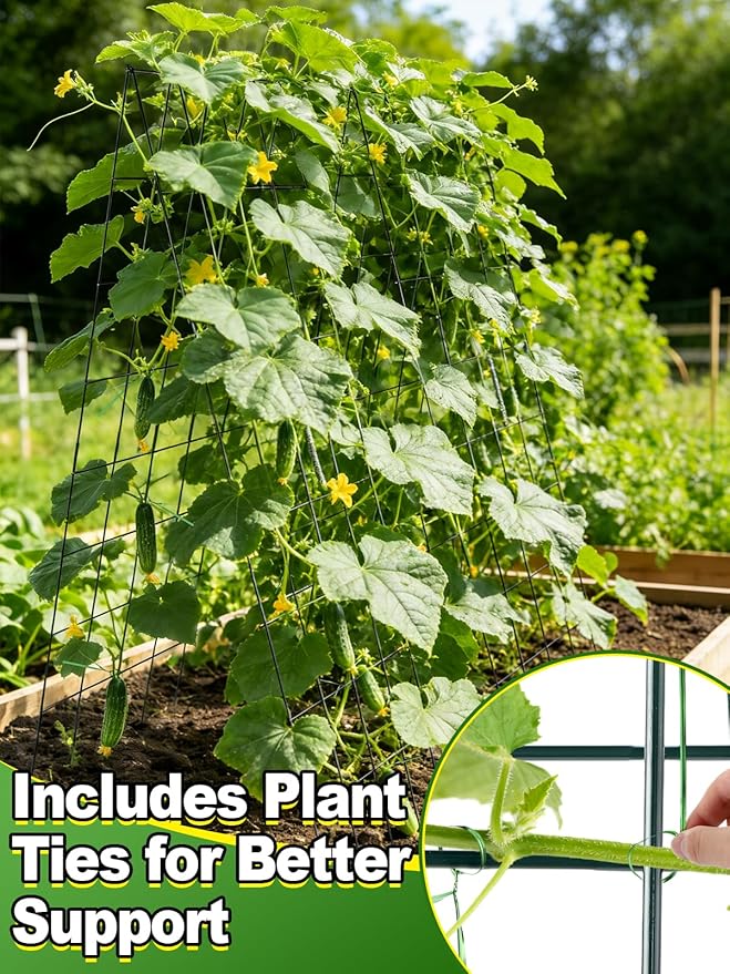 2Sets Cucumber Trellis for Raised Garden Bed - 59" L x15.7'' W 4.5mm Wire Heavy Duty Weather-Resistant Foldable A-Frame Metal Plant Support, for Squash Pole Bean Climbing Plants Vegetables Outdoor