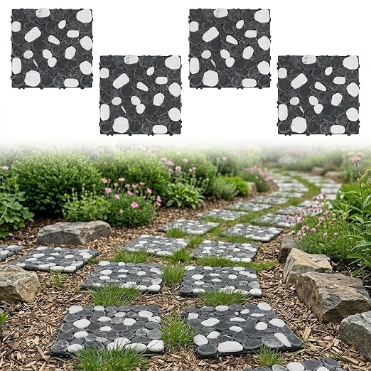 4 Pcs Interlocking Natural Deck Tiles 11.8" x 11.8" for Garden Patio Path | for Landscaping, Indoor & Outdoor, Waterproof, Easy to Install, DIY Landscape Decor
