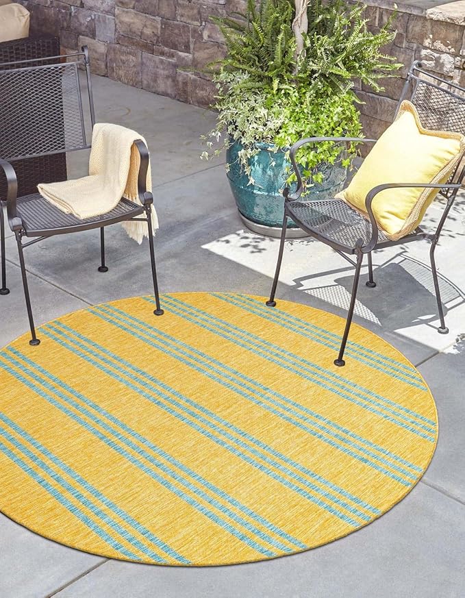 Unique Loom Outdoor Collection Area Rug - Anguilla (13' Round, Yellow and Aqua/Light Blue)