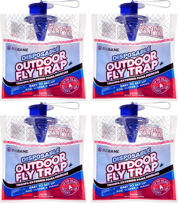 Fly Traps Outdoor Fly Trap for Patio. 4 Non-Toxic Pre-Baited Flies Bags Outdoor Disposable. Hanging Bug Catchers for All Filth Flies Killer for Outside Bug Control in Yard Horse Ranch Trash Can.