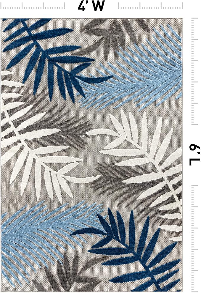 Rugshop Blue Palm Frond Indoor/Outdoor Area Rug Easy Cleaning for Patio, Deck and Balcony, 4' x 6'