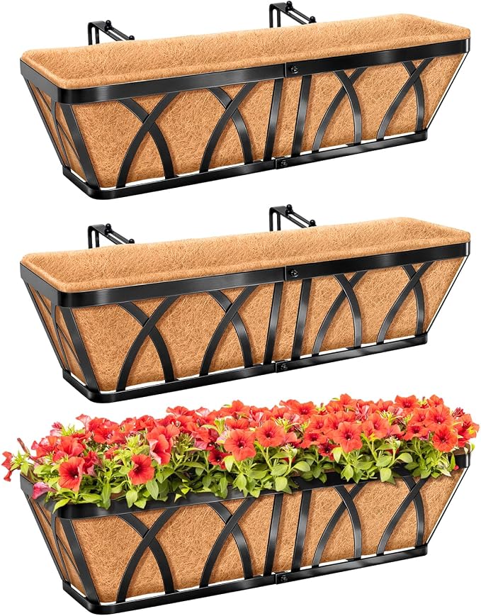 Riare 3 Pack 24 Inch Metal Railing Planter Window Box with Coco Liner- Adjustable Window Flower Boxes for Railings, Hanging Rail Planters for Deck, Balcony, Porch, Fence, Indoor Outdoor Plants