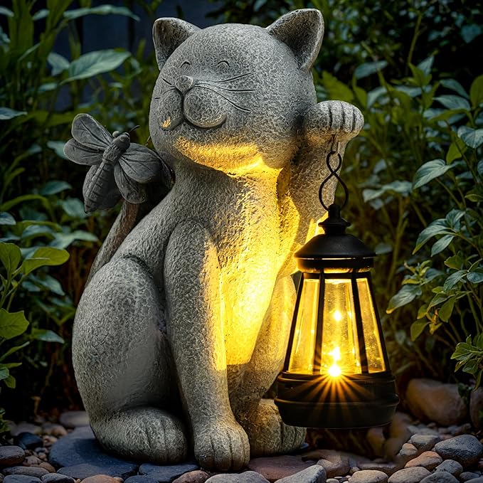 Solar Garden Outdoor Statues Cat with Solar Lantern,Outdoor Cat Figurines Decorations,Lawn Home Decor for Patio, Balcony, Yard Ornament,Unique Housewarming and Birthdays Gifts for Mom Women Grandma