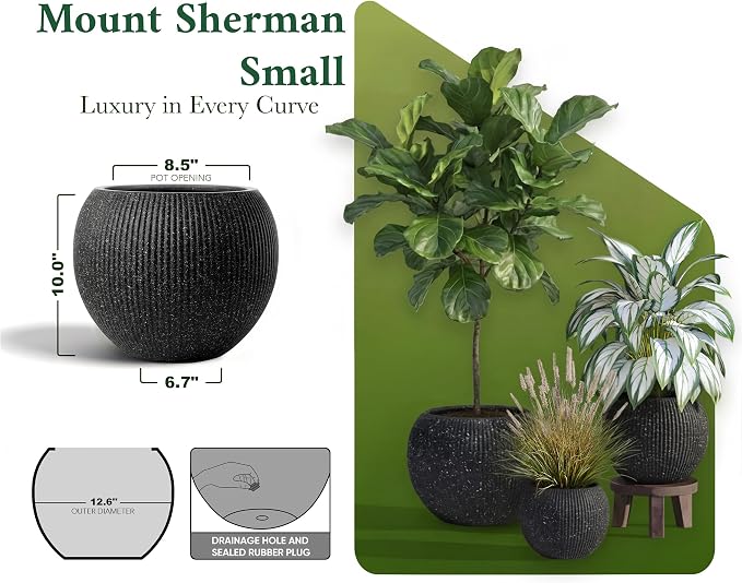 DTY Premium Mt Sherman Fiberstone Sphere Planter for Indoor Outdoor Use, Round Pot for Olive Tree, Lightweight, Smooth Finishes. 2 Coco Mats. Ribbed Black, Small 12.6" D x 10'' H. 8.5” Pot Opening