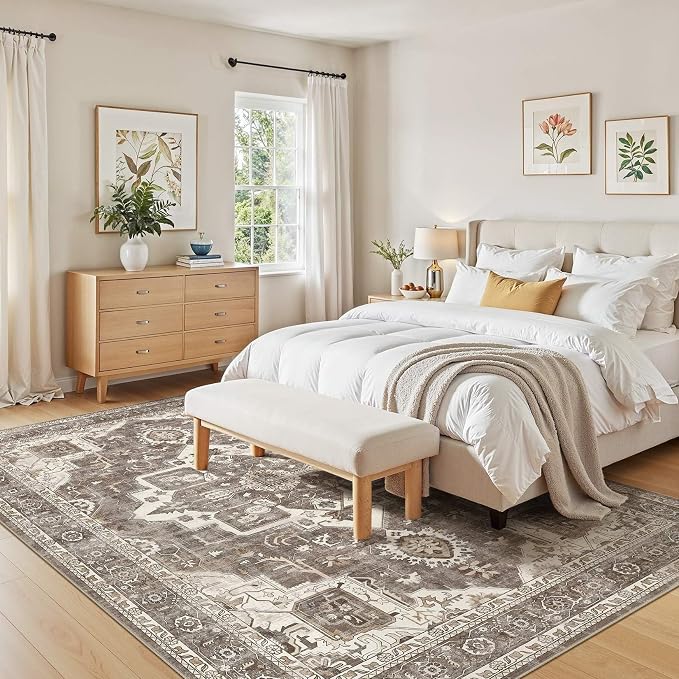 Vintage Washable 8x10 Area Rug for Living Room, Brown | Soft Low Pile Rug with Non-Slip Backing, Stain Resistant for Bedroom or Dining Room, Kid & Pet Friendly