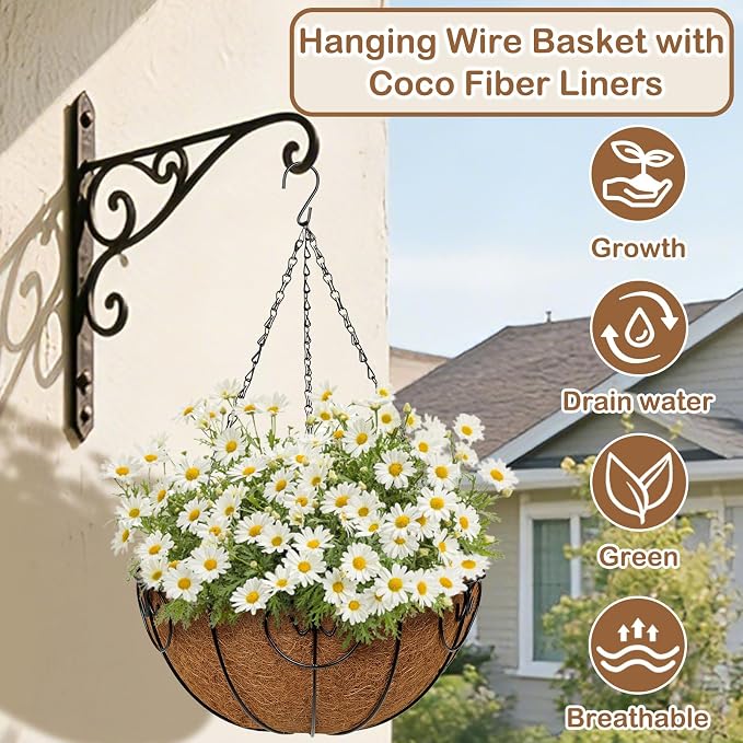 14 inch Metal Hanging Baskets for Plants Outdoor, 2 Pack Metal Wire Hanging Basket Planter with Coco Liner Flower Pots for Indoor Outdoor Garden Porch Patio, Heart-Shaped