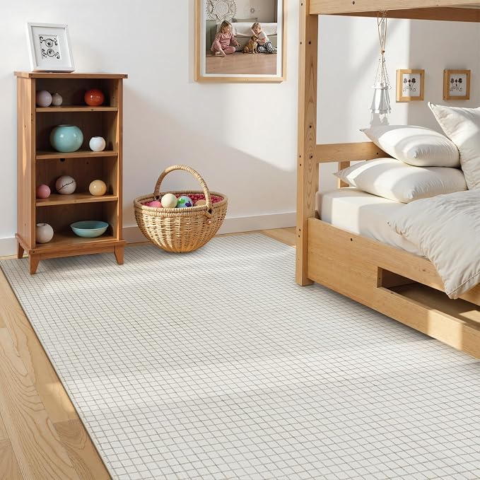 STARUIA Washable Rugs for Living Room, 5x7 Plaid Beige Area Rugs Non Slip Modern Neutral Geometric Bedroom Rug, Low Pile Soft Checkered Grid Carpet for Dining Room Nursery Home Office (Beige,5'x7')