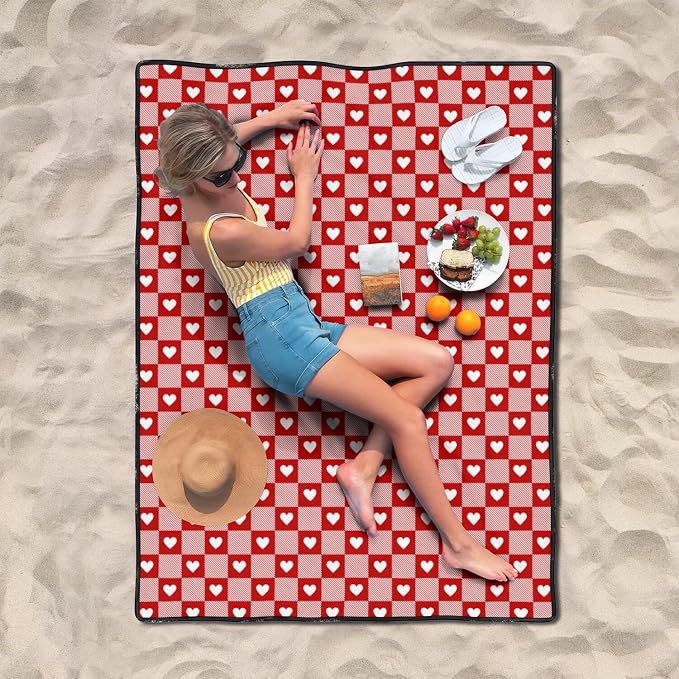 Checkered Love Blankets Waterproof Foldable,60''x80'' Portable Dual Layers Outdoor Travel Camping Backpacking Hiking Beach Blanket Mat for Grass Padded Lawn Park Beach,Checkered Picnic Accessories