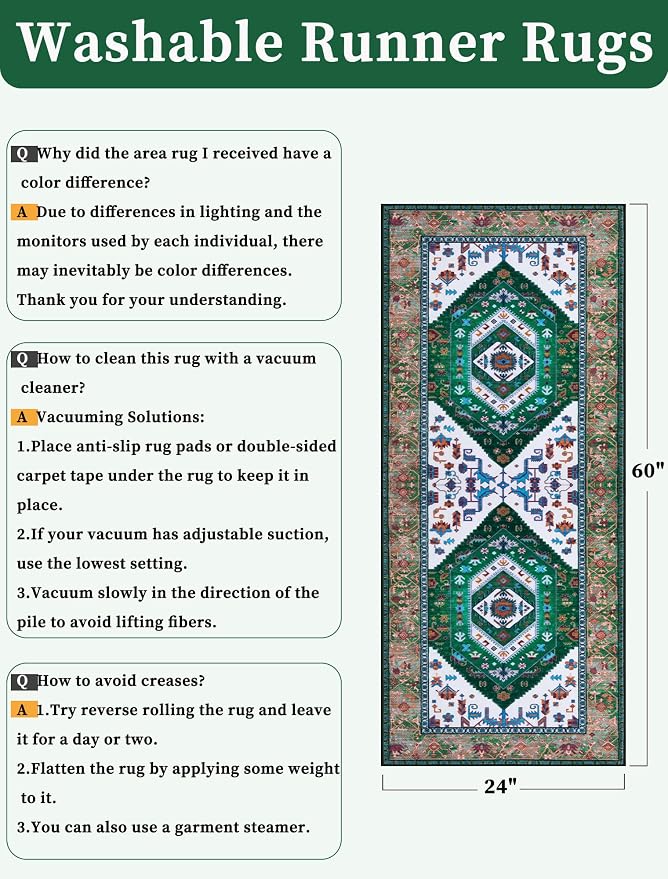 SERISSA 2x5 Washable Non Slip Boho Runner Rug for Hallway，Green White | Ultra Soft Vintage Oriental Carpet Low-Pile Distressed Tribal Floor Carpet for Kitchen Bedroom Bathroom Laundry Living Room