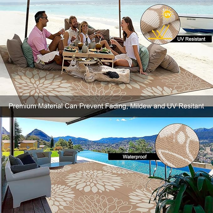 Ileading Waterproof Outdoor Rug 8x10, Reversible Plastic Straw Patio Rug, Portable Indoor Outdoor RV Camping Mat Carpet for Deck, Porch, Balcony, Backyard, Picnic, Floral Brown
