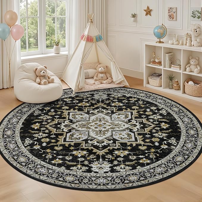 Round Area Rug for Living Room: 6ft Boho Washable Rug Black Gold | Vintage Boho Soft Round Rug Indoor Floor No Slip Carpet Stain Resistant Rugs for Bedroom Dining Room Nursery Home Office