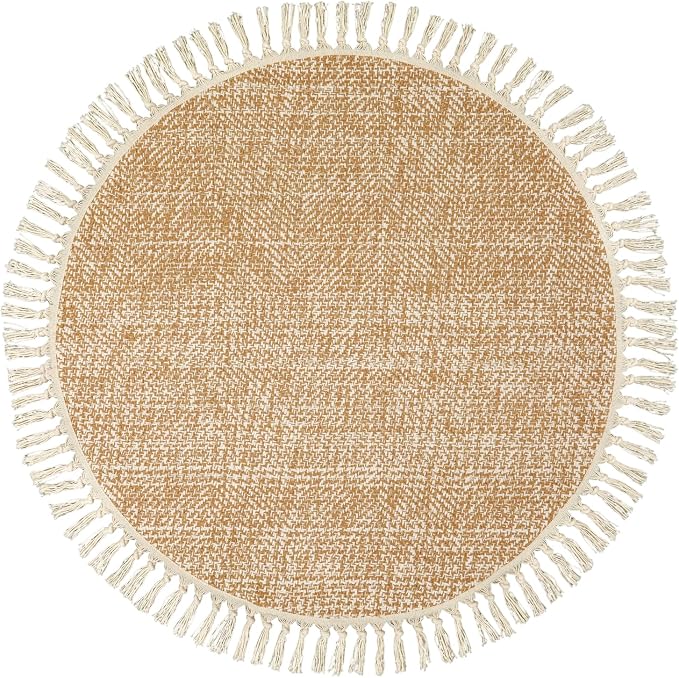 Hand Woven Circle Area Rug, Soft Hand Woven Cotton Washable Carpet | 4ft Modern Farmhouse Rugs with Tassels, Tan/Cream Round Rugs for Bedroom Living Room Dining Room Table Office
