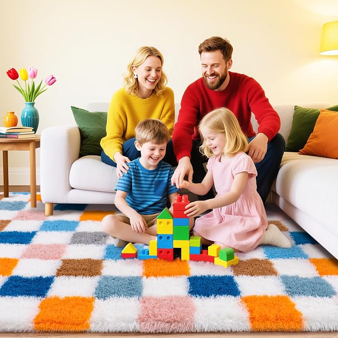 Checkered Rug 5x7 for Bedroom, Ultra Shag Large Rainbow Area Rug for Living Room, Modern Plush Soft Upgrade Non-Slip Fluffy Fuzzy Carpet for Kids Girls Room, Dorm Home Decor