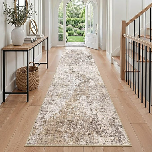Nakagishi 3x8 Abstract Washable Area Rugs for Entryway-Golden Brown | Modern Non-Slip Silicone Backing Low Pile Soft Carpet for Bedroom Dining Decor for Families with Kids and Pets